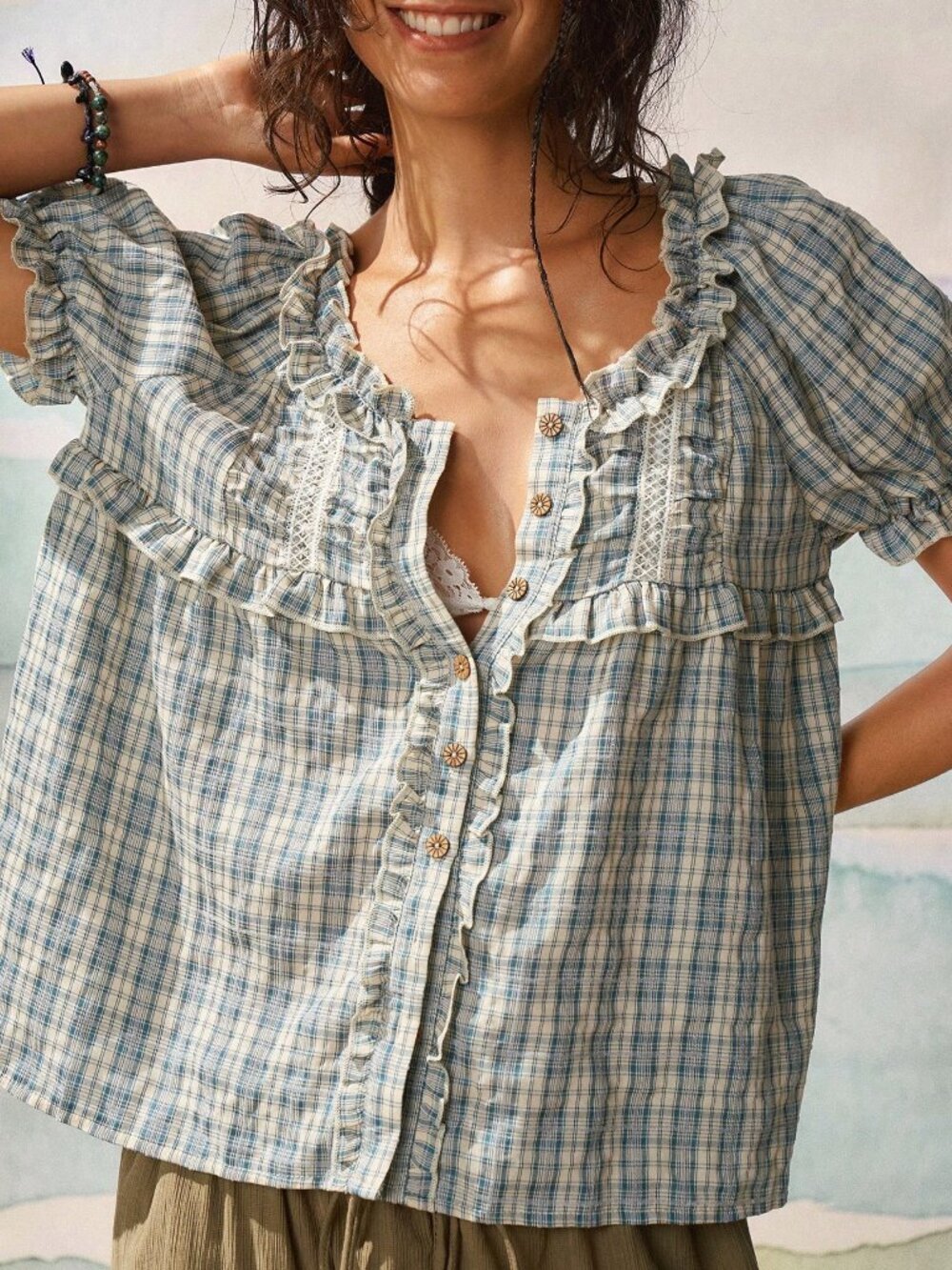 Blue And White Cute Women's Plaid Ruffled Lace Splice Short Sleeve Shirt